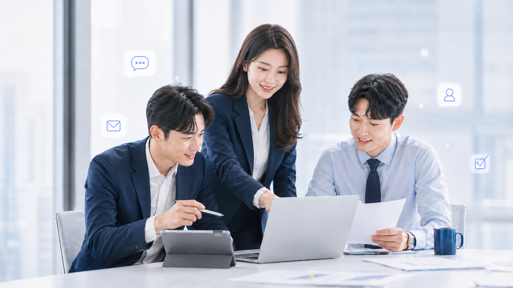 노트북을 함께 보며 협업하는 세 명의 동료